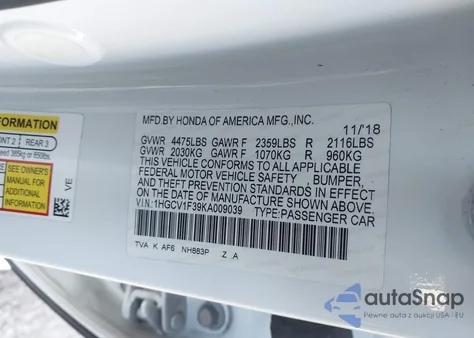2019 Honda Accord Sport z USA, uszkodzony, nr VIN 1HGCV1F39KA009039